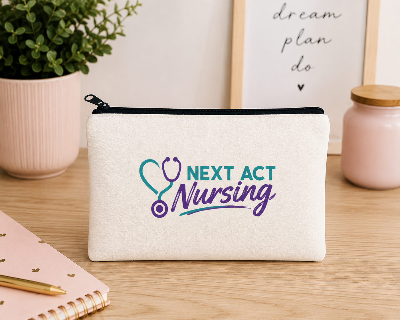 Next Act Nursing Canvas Zipper Pouch (Beige)